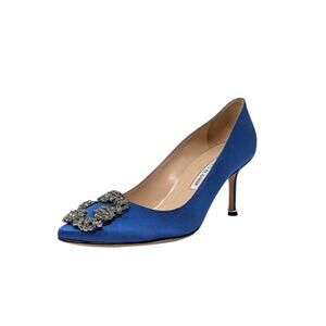 Manolo Blahnik Hangisi 70 Crystal Embellished Pump Heel Cobalt Blue Satin 36
